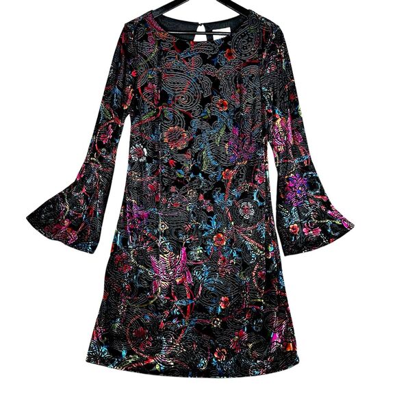 eci New York Dress Medium Textured Burnout Velvet Bell Sleeve Lined - Picture 1 of 12